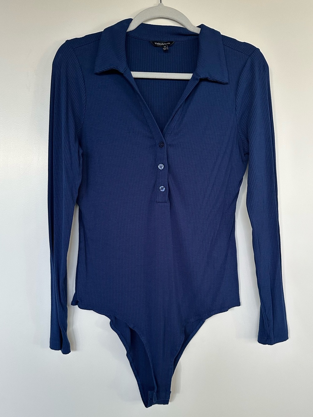 Collared Long-Sleeve Navy Ribbed Bodysuit